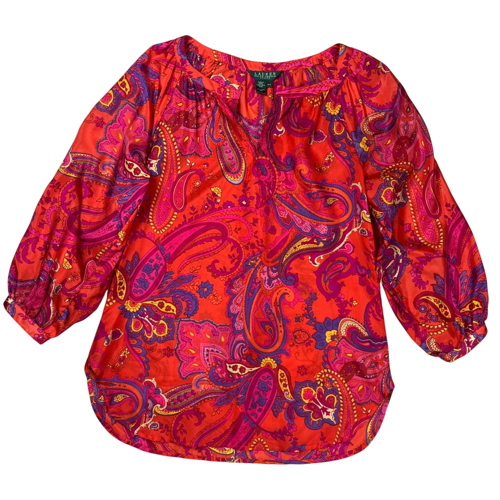Lauren Ralph Lauren Blouse Women Small Petite Multicolor Paisley Silk 3/4 Sleeve